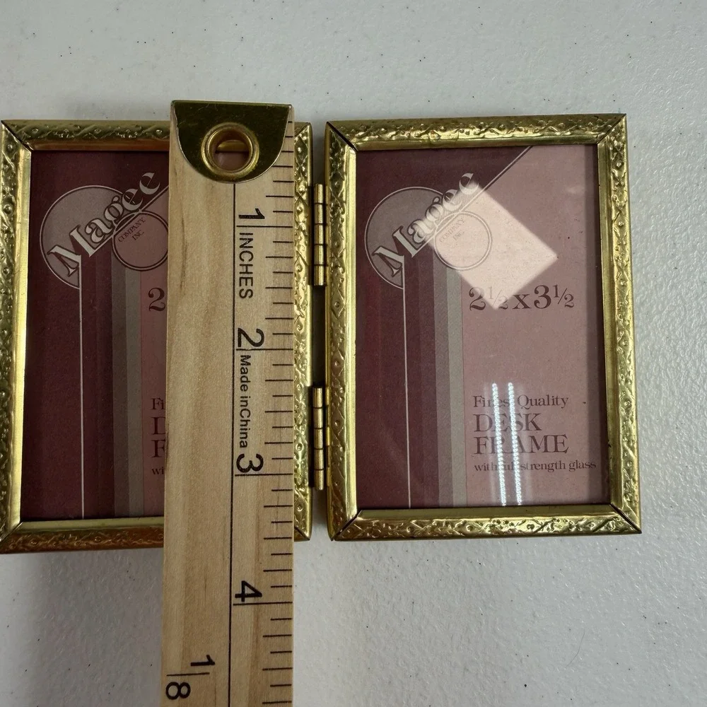Vintage Magee Folding Brass Ornate Standing Double Picture Photo Frame 2.5 X 3.5